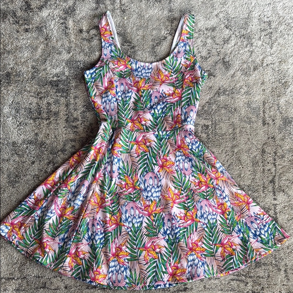 Tropical Floral Fit-and-Flare Dress in Pink, Green & Blue